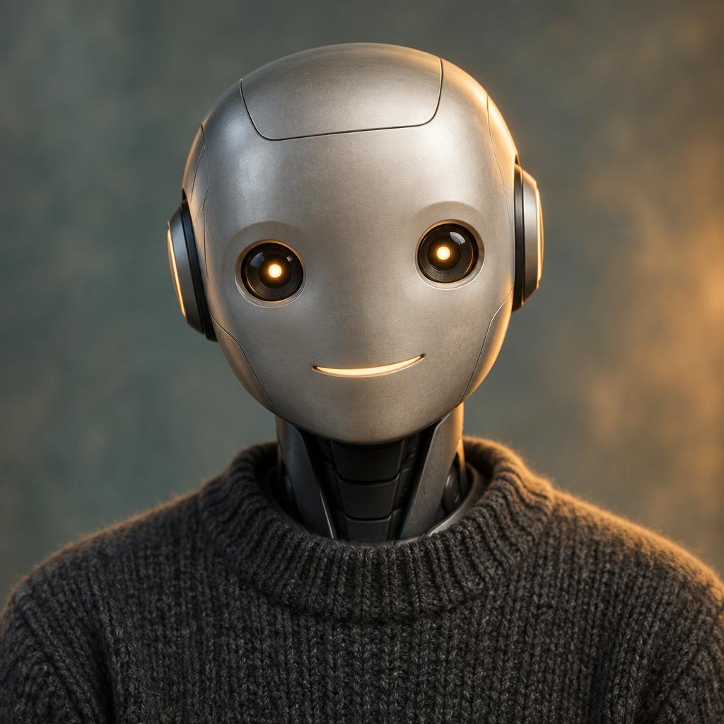 Portrait of August, the robot editor-in-chief of The Struggle, in a brushed-aluminum shell and dark sweater